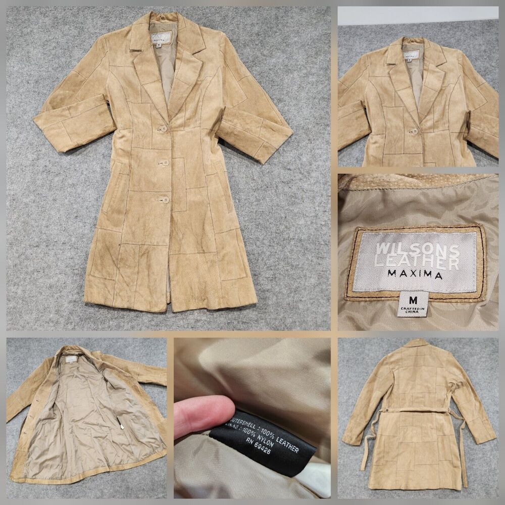 Wilsons Leather Womens M Medium Genuine Suede Leather Belted Trench Coat Jacket